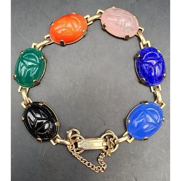 Vintage Carved Multi Color Scarab Stones Gold Tone Egyptian Bracelet Thorn JLRY - Picture 2 of 9